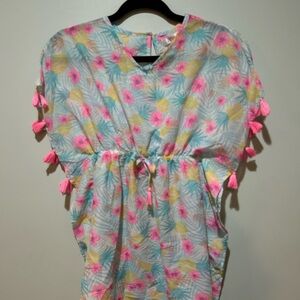 Tropical Floral Kids Swim Coverup with Pink Tassels